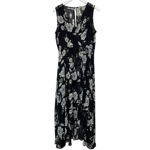 Calvin Klein Size 10 Black White Midi Dress Floral Vacay Flowy Euro Summer - Picture 1 of 13